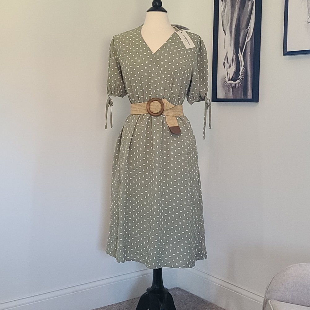 Midi Dress Light Green Polka Dot NWT